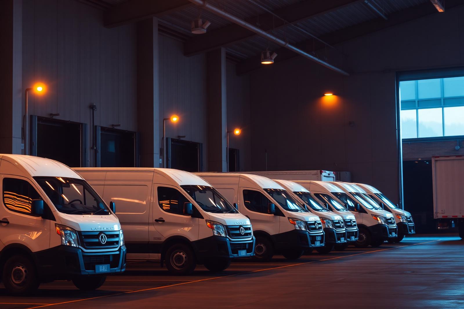 Prime Axis in-house cargo van fleet at a warehouse loading bay